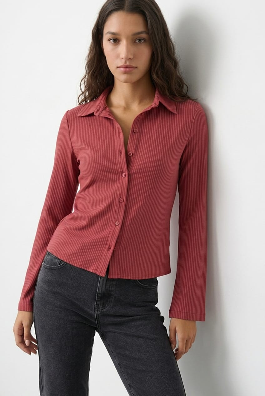 Red Stripe Shirt Long Sleeve Collared Button Up Pinstripe for Ally Fashion
