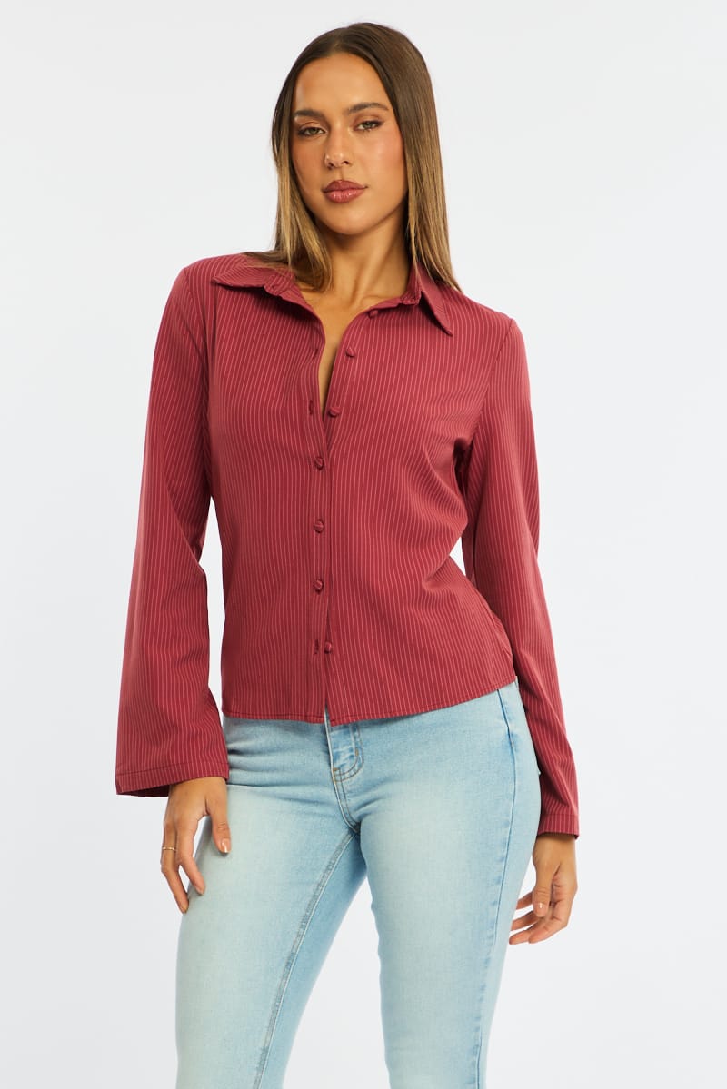 Red Stripe Shirt Long Sleeve Collared Button Up Pinstripe for Ally Fashion