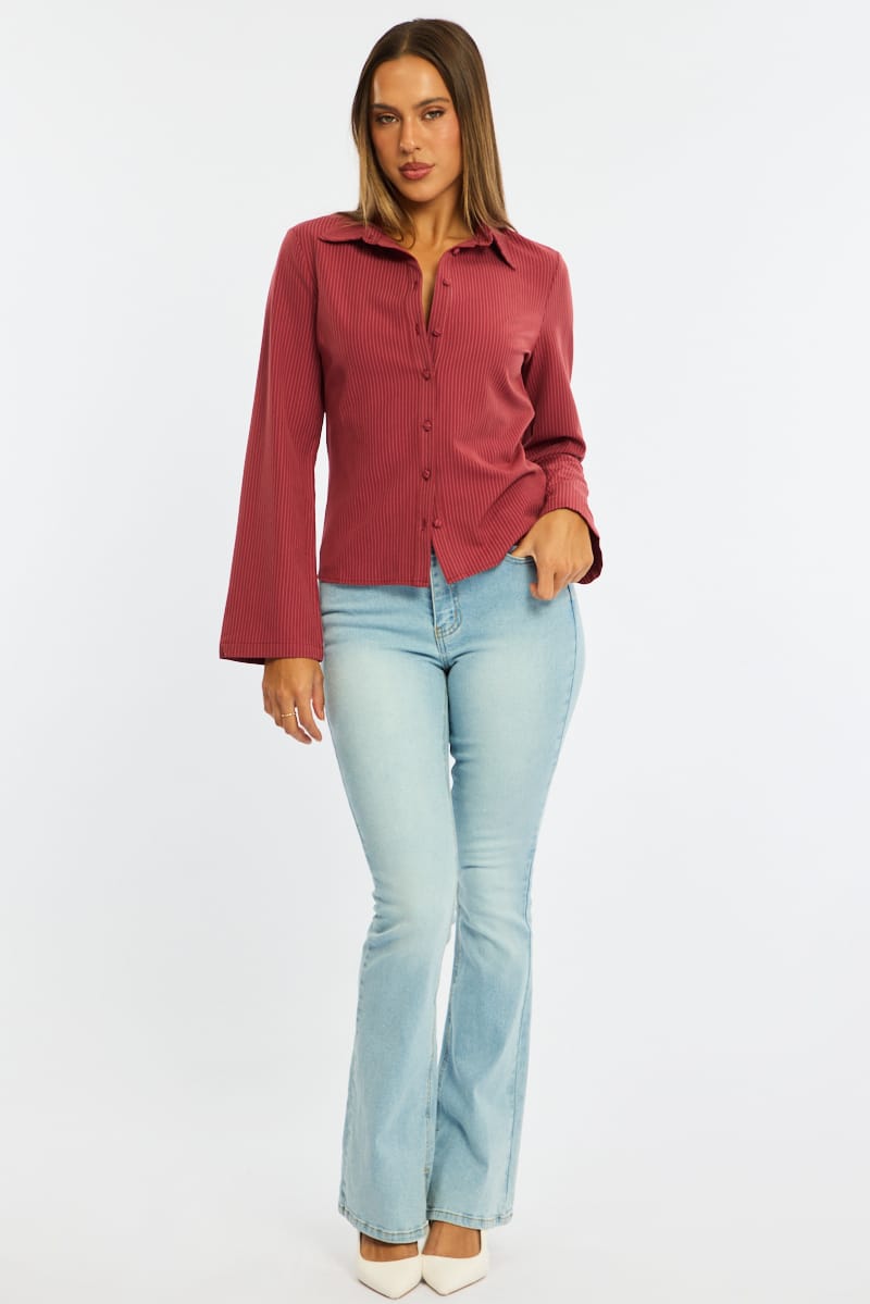 Red Stripe Shirt Long Sleeve Collared Button Up Pinstripe for Ally Fashion