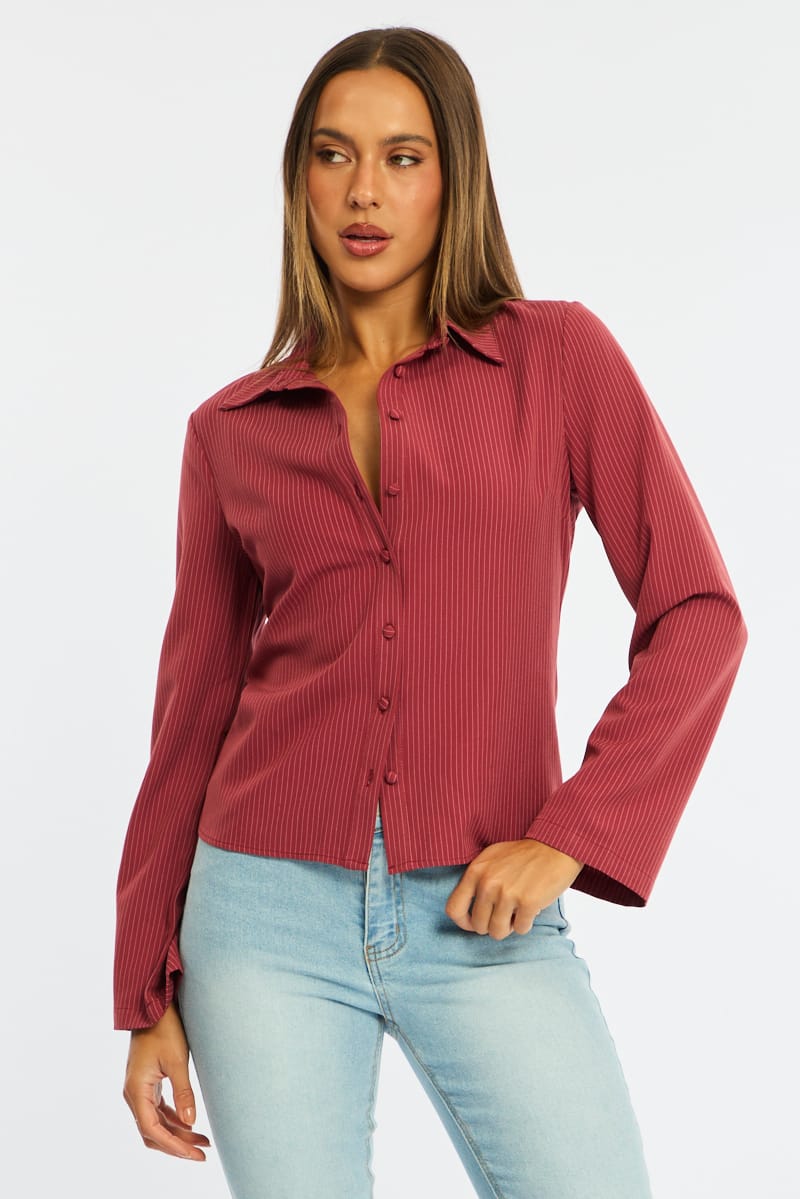 Red Stripe Shirt Long Sleeve Collared Button Up Pinstripe for Ally Fashion