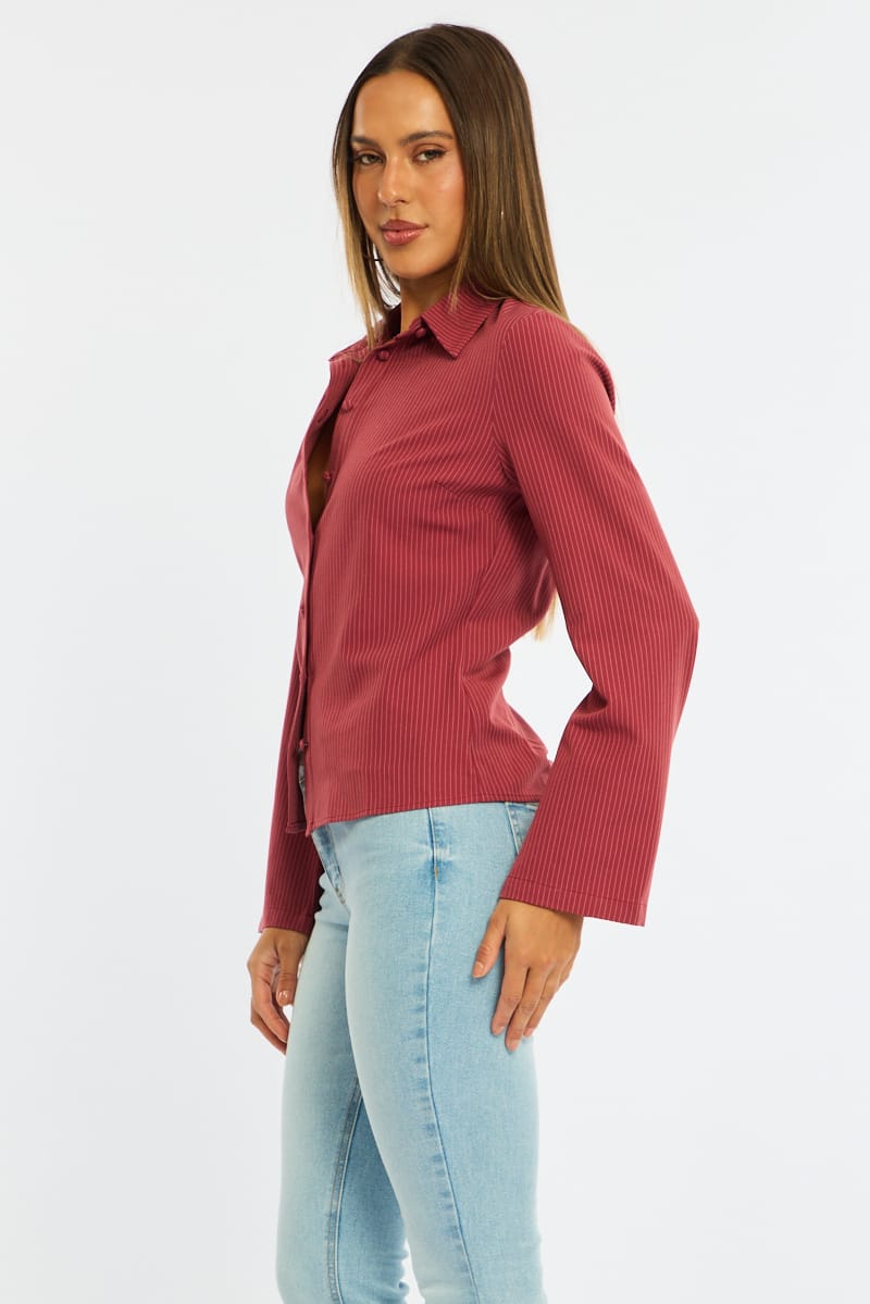 Red Stripe Shirt Long Sleeve Collared Button Up Pinstripe for Ally Fashion