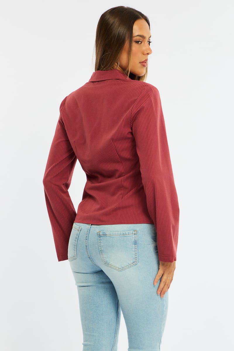 Red Stripe Shirt Long Sleeve Collared Button Up Pinstripe for Ally Fashion
