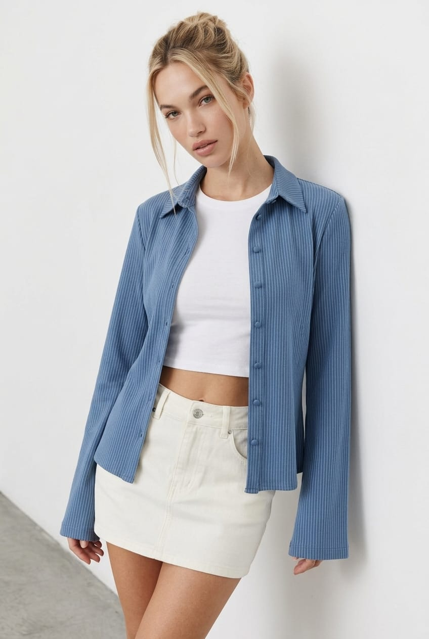 Blue Stripe Shirt Long Sleeve Collared Button Up Pinstripe for Ally Fashion