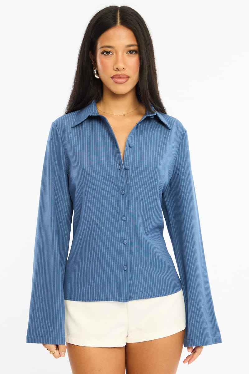 Blue Stripe Shirt Long Sleeve Collared Button Up Pinstripe for Ally Fashion