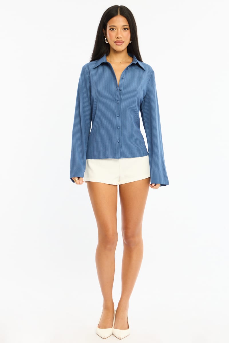 Blue Stripe Shirt Long Sleeve Collared Button Up Pinstripe for Ally Fashion