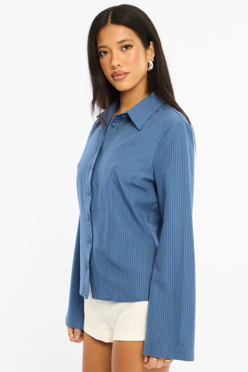 Blue Stripe Shirt Long Sleeve Collared Button Up Pinstripe for Ally Fashion