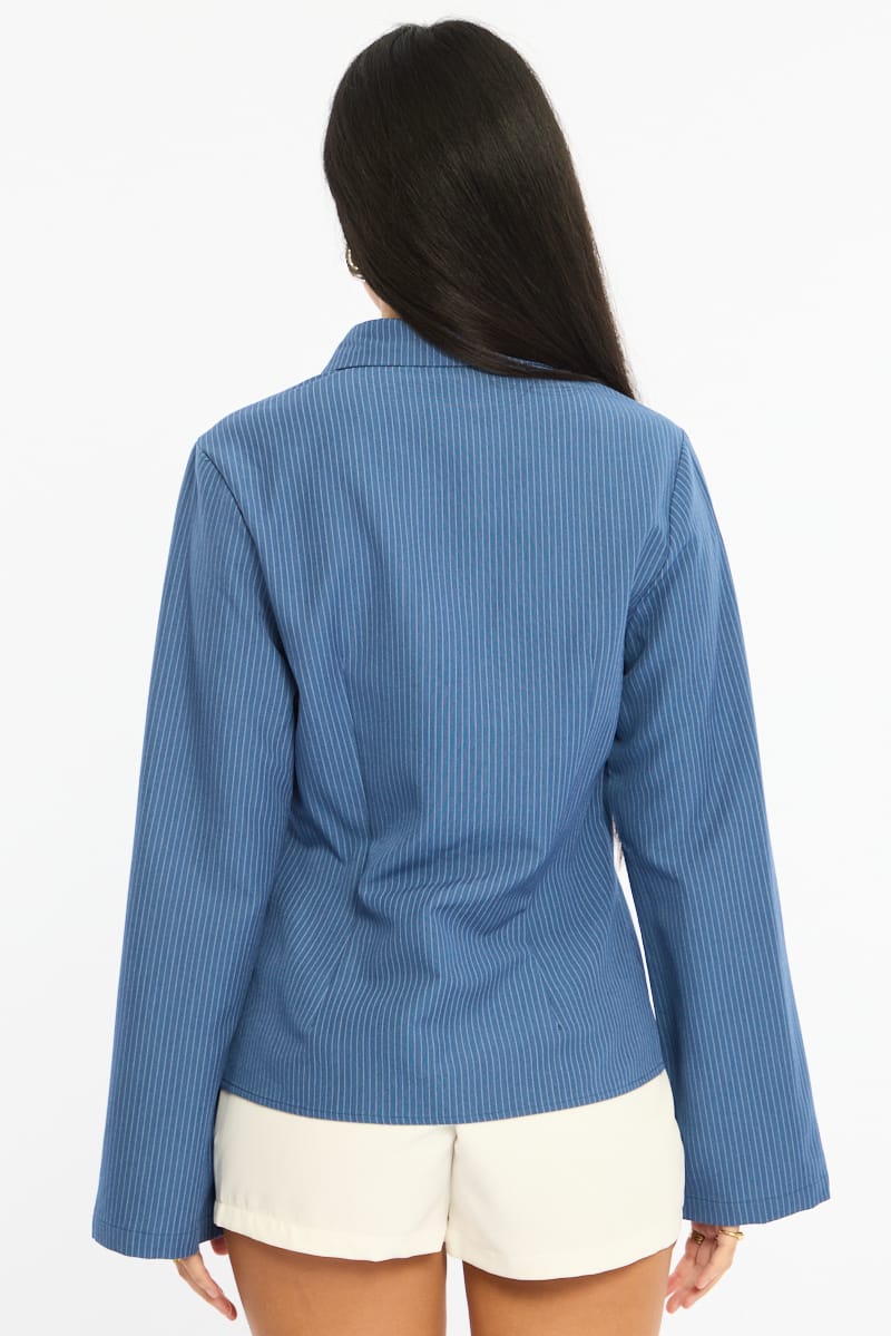 Blue Stripe Shirt Long Sleeve Collared Button Up Pinstripe for Ally Fashion