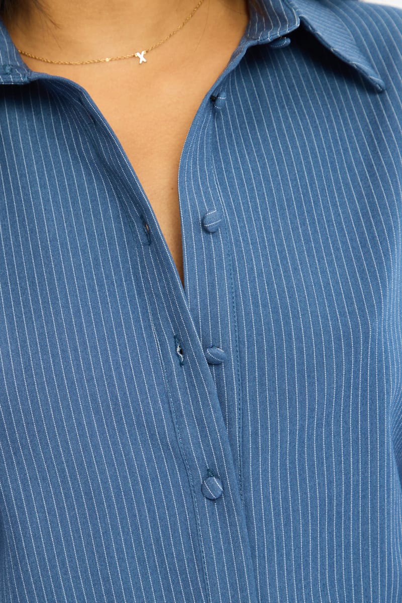 Blue Stripe Shirt Long Sleeve Collared Button Up Pinstripe for Ally Fashion