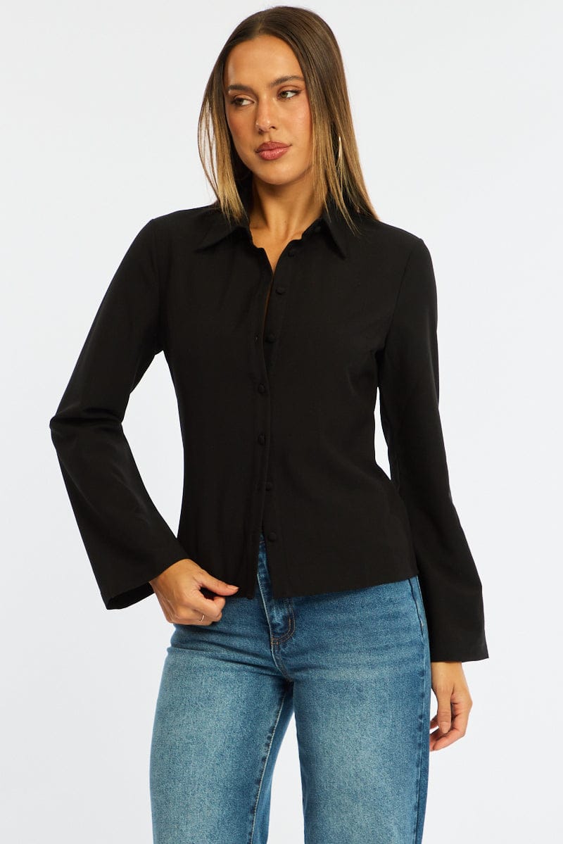Black Shirt Long Sleeve Collared Button Up for Ally Fashion