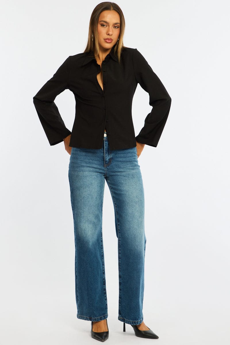 Black Shirt Long Sleeve Collared Button Up for Ally Fashion
