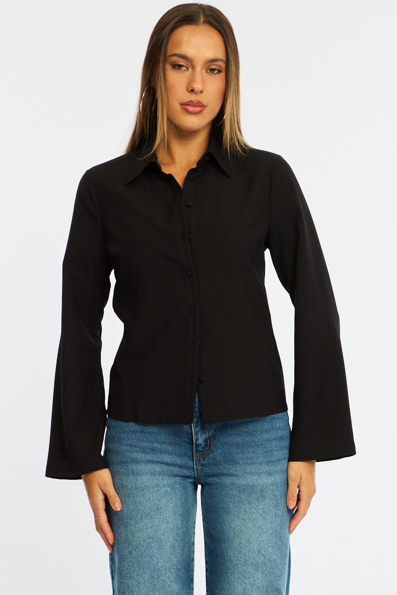 Black Shirt Long Sleeve Collared Button Up for Ally Fashion