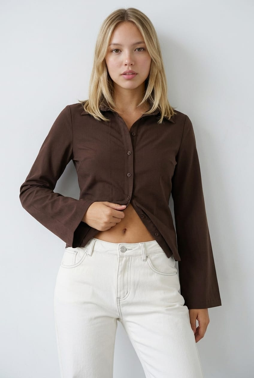 Brown Shirt Long Sleeve Collared Button Up for Ally Fashion