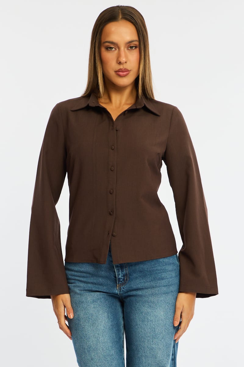 Brown Shirt Long Sleeve Collared Button Up for Ally Fashion