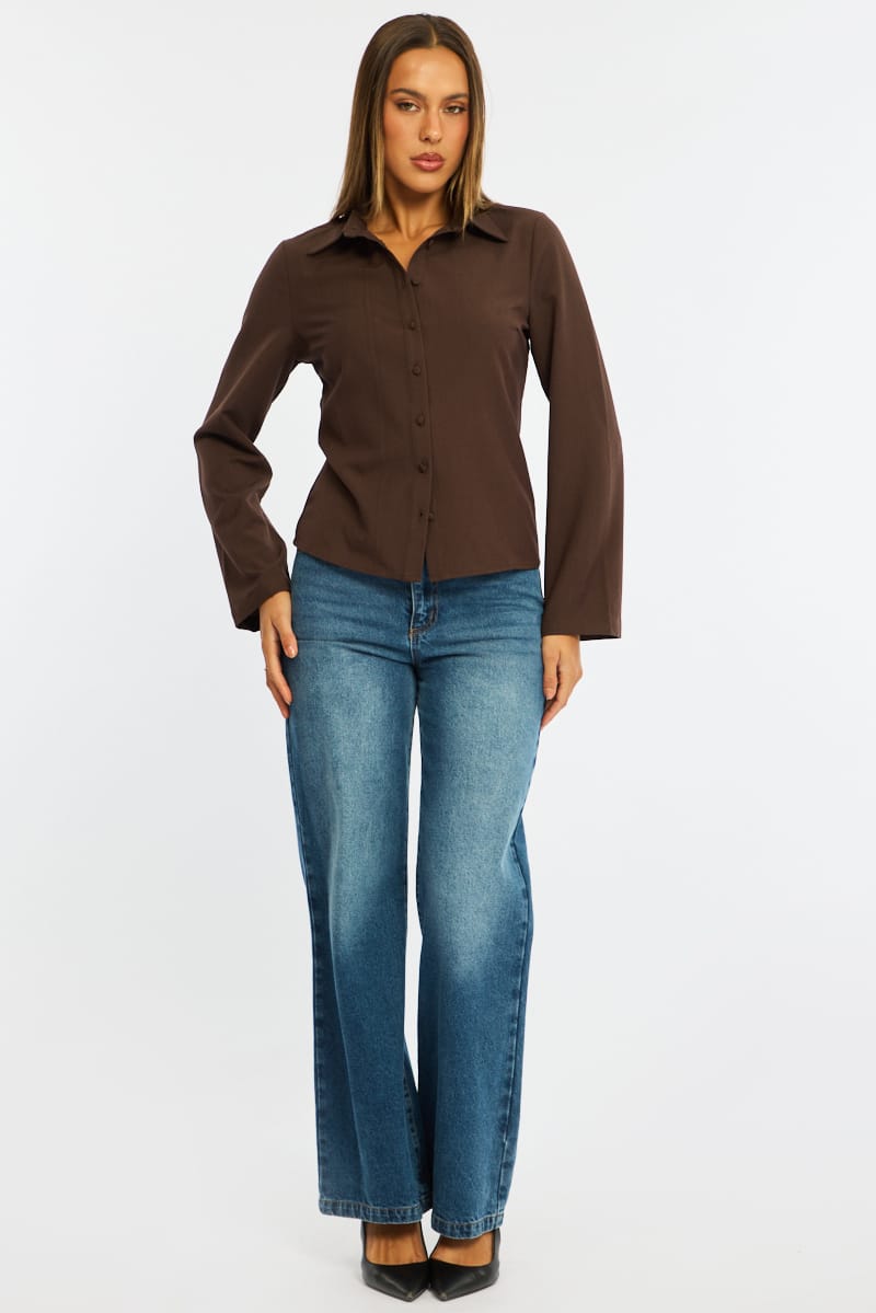 Brown Shirt Long Sleeve Collared Button Up for Ally Fashion