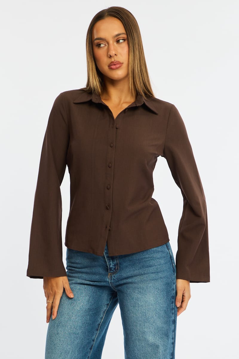 Brown Shirt Long Sleeve Collared Button Up for Ally Fashion