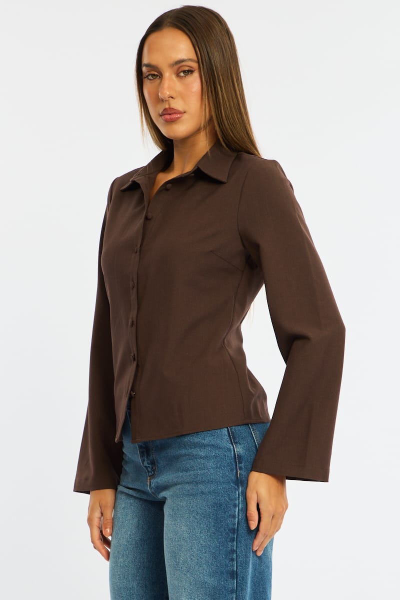Brown Shirt Long Sleeve Collared Button Up for Ally Fashion