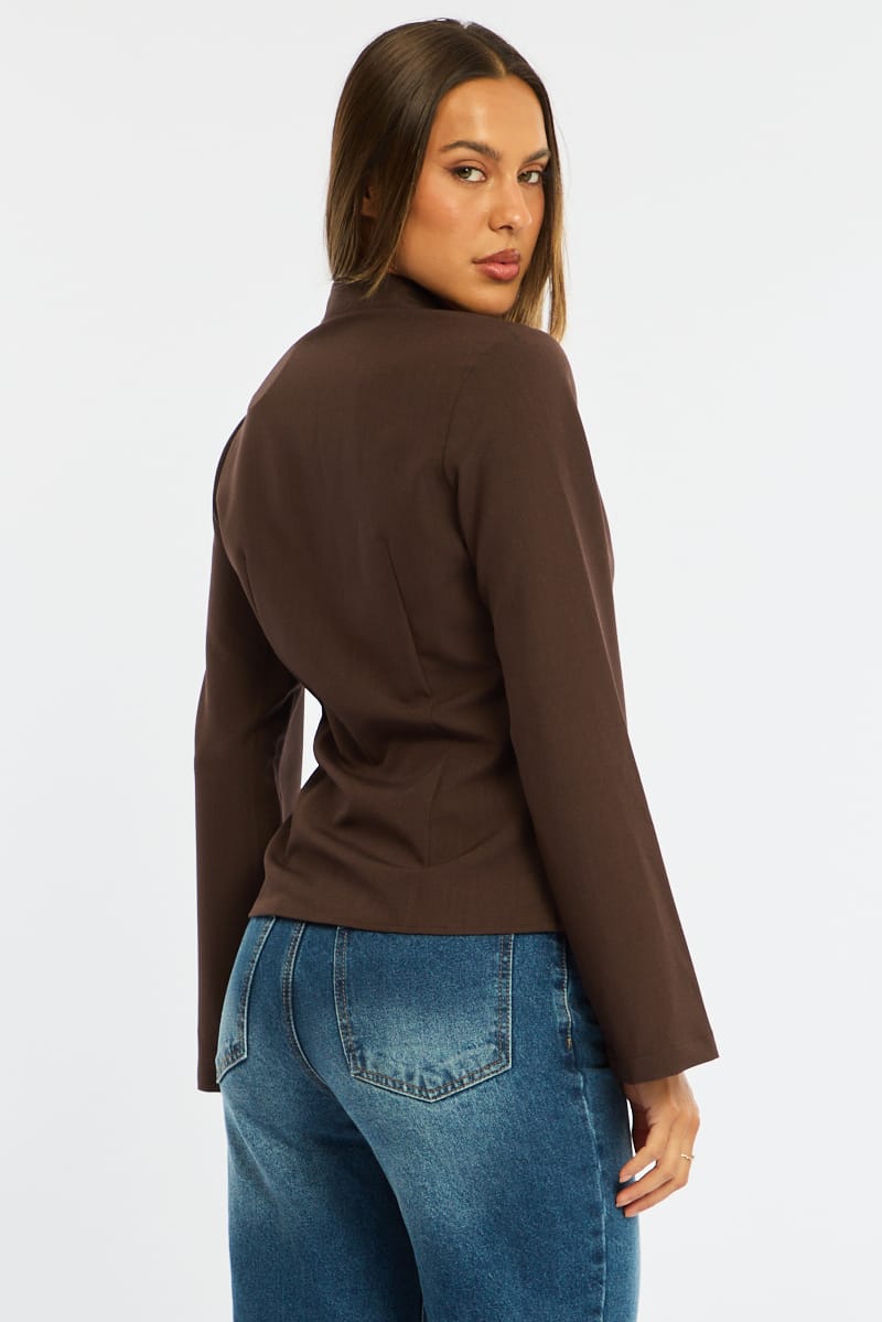 Brown Shirt Long Sleeve Collared Button Up for Ally Fashion