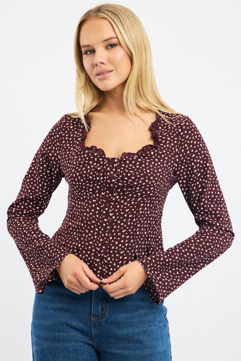Red Ditsy Button Up Top Long Sleeve Sweetheart Neckline for Ally Fashion
