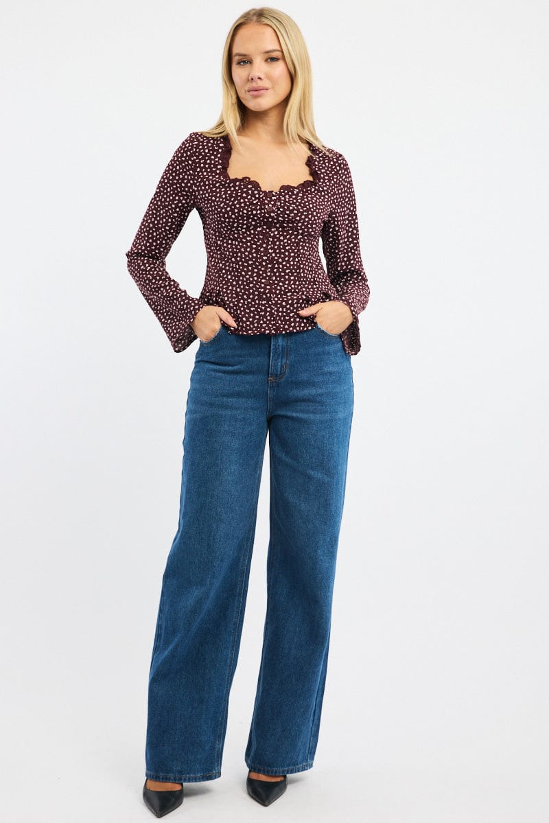 Red Ditsy Button Up Top Long Sleeve Sweetheart Neckline for Ally Fashion