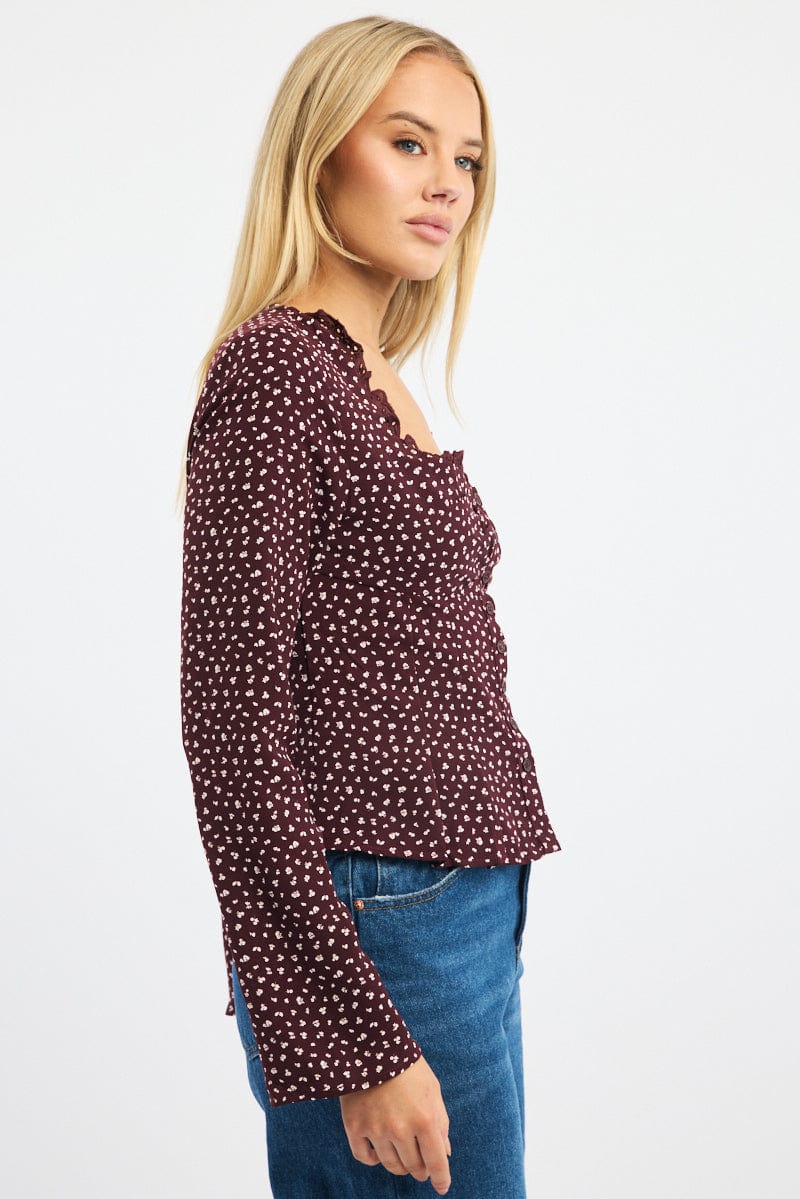 Red Ditsy Button Up Top Long Sleeve Sweetheart Neckline for Ally Fashion