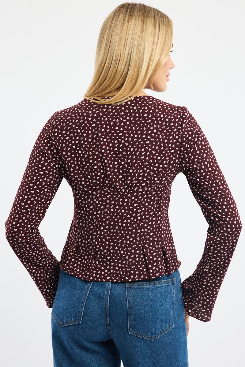 Red Ditsy Button Up Top Long Sleeve Sweetheart Neckline for Ally Fashion