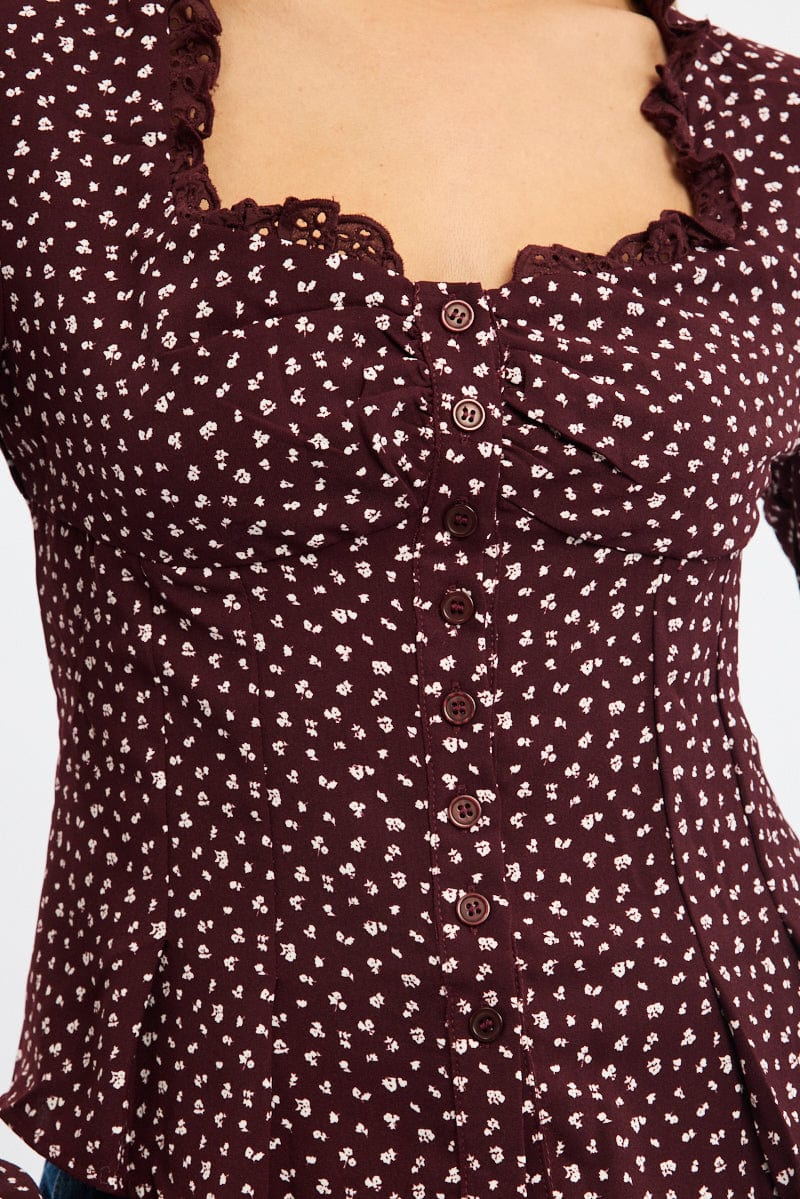 Red Ditsy Button Up Top Long Sleeve Sweetheart Neckline for Ally Fashion