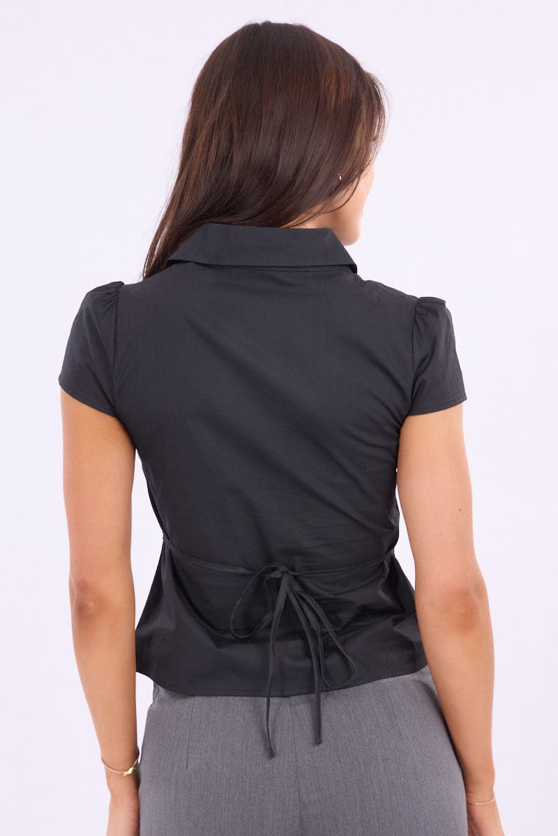 Black Button Up Shirt Short Sleeve Collared Tie Back