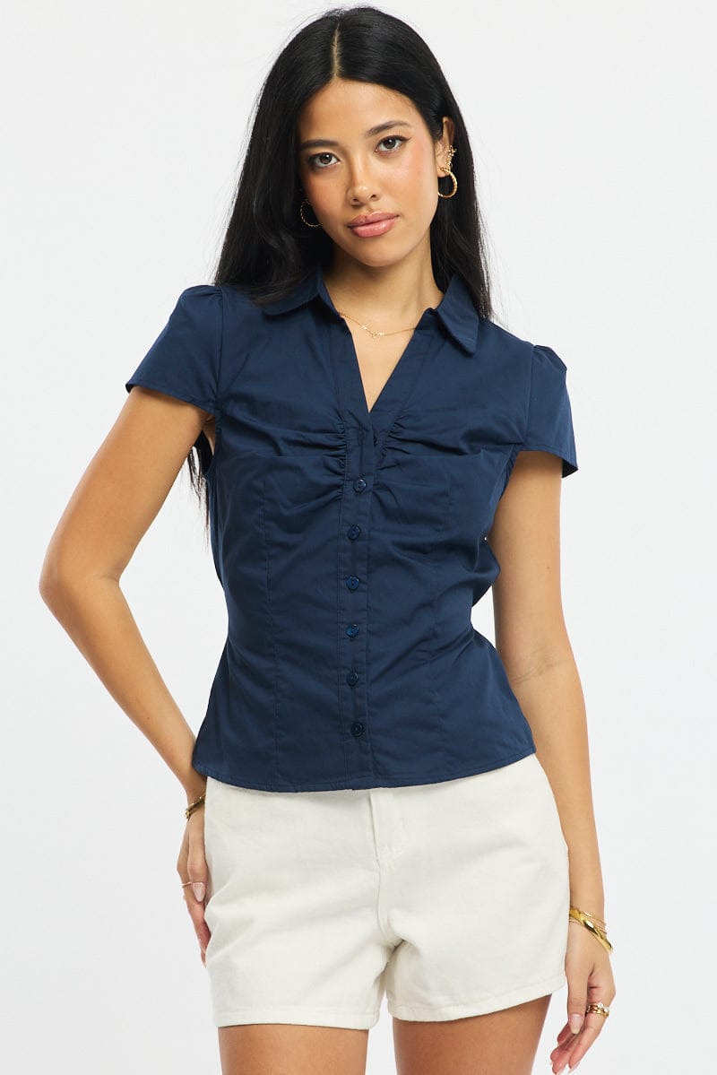 Blue Button Up Shirt Short Sleeve Collared Tie Back for Ally Fashion