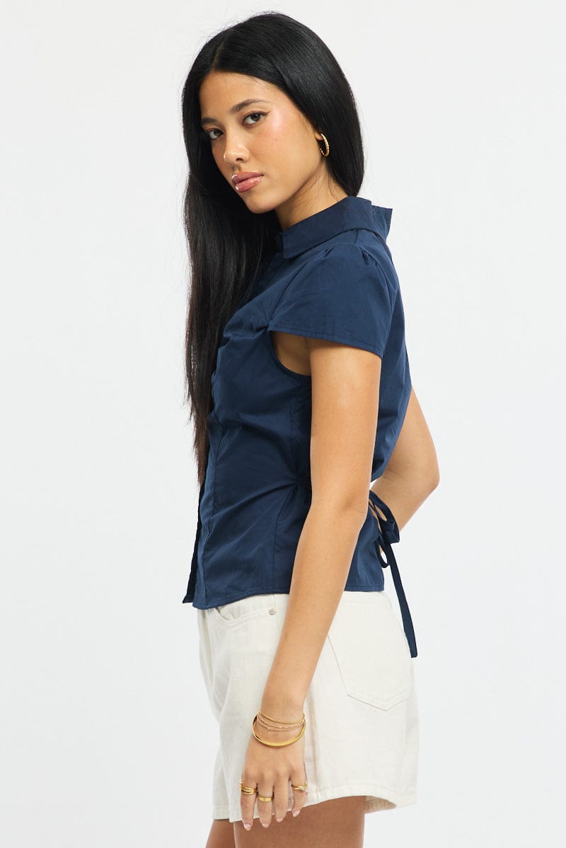 Blue Button Up Shirt Short Sleeve Collared Tie Back for Ally Fashion