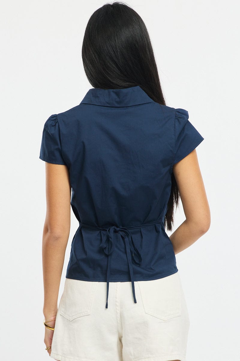 Blue Button Up Shirt Short Sleeve Collared Tie Back for Ally Fashion