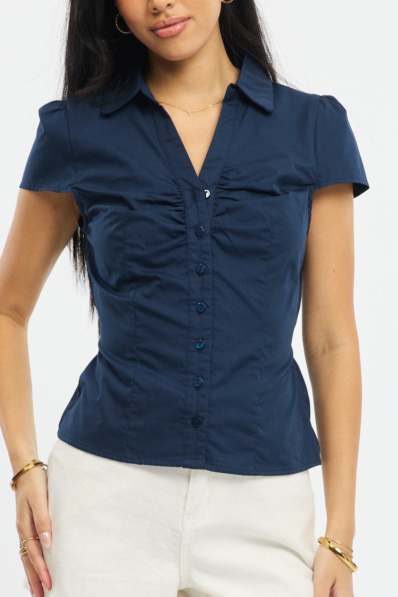Blue Button Up Shirt Short Sleeve Collared Tie Back for Ally Fashion
