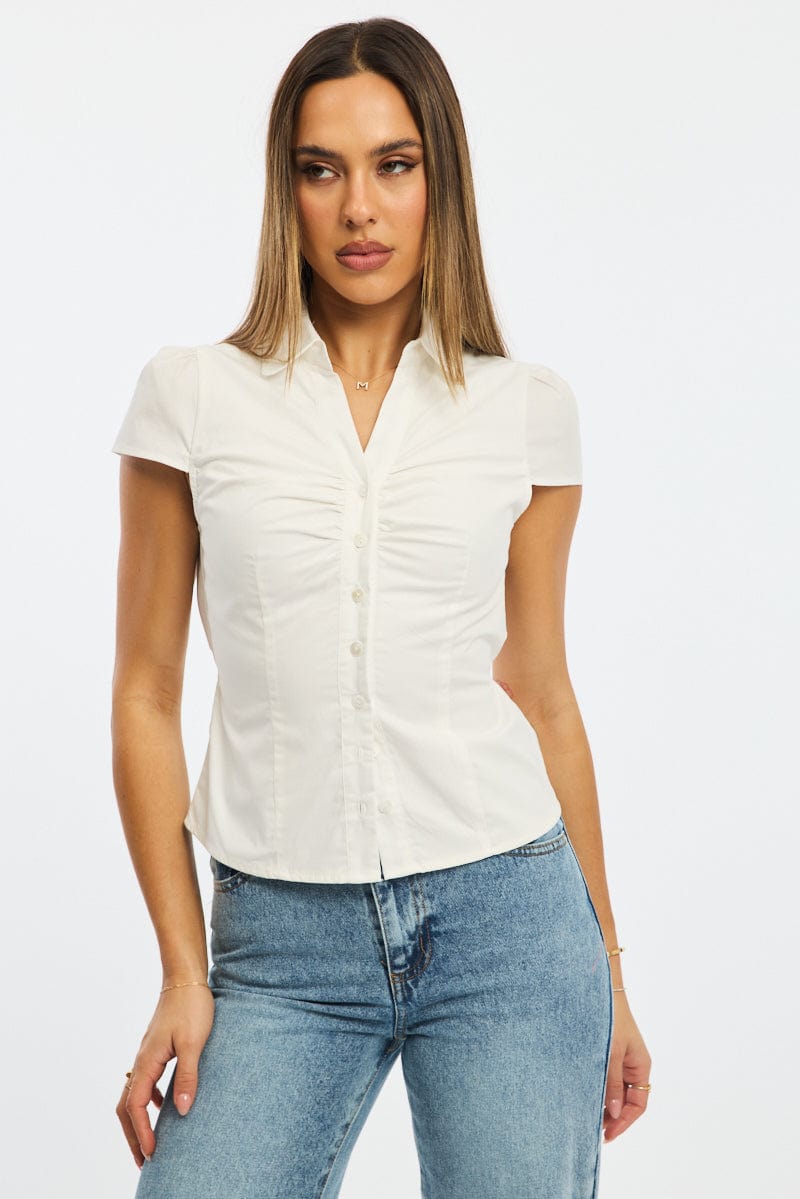 White Button Up Shirt Short Sleeve Collared Tie Back for Ally Fashion