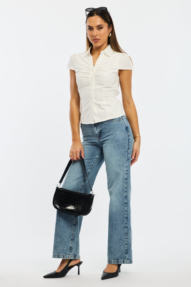 White Button Up Shirt Short Sleeve Collared Tie Back for Ally Fashion