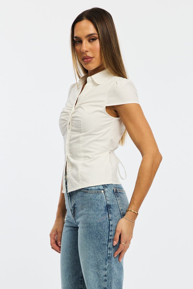 White Button Up Shirt Short Sleeve Collared Tie Back for Ally Fashion
