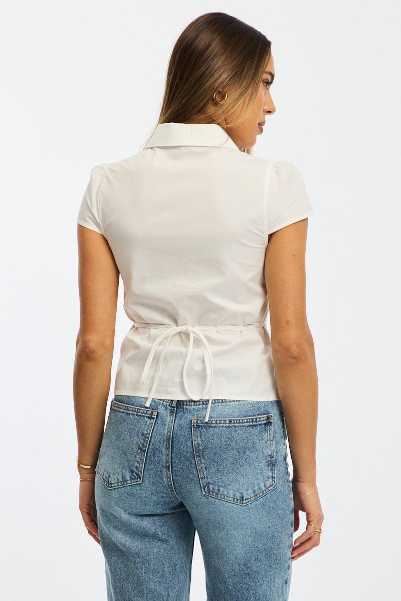 White Button Up Shirt Short Sleeve Collared Tie Back for Ally Fashion