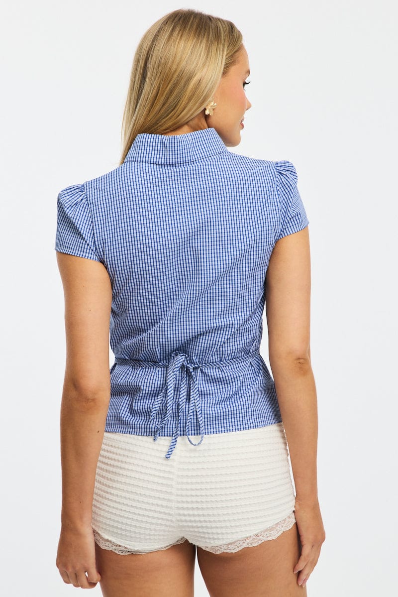 Blue Check Button Up Shirt Short Sleeve Collared Tie Back for Ally Fashion