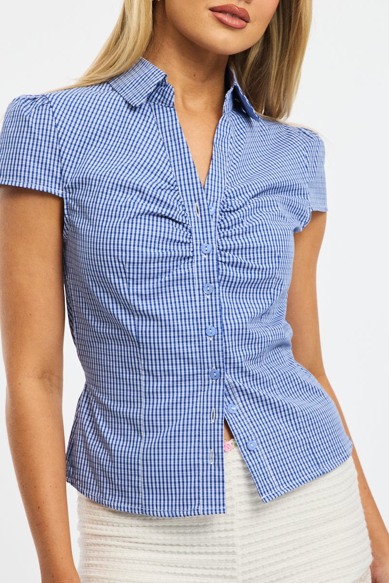 Blue Check Button Up Shirt Short Sleeve Collared Tie Back for Ally Fashion