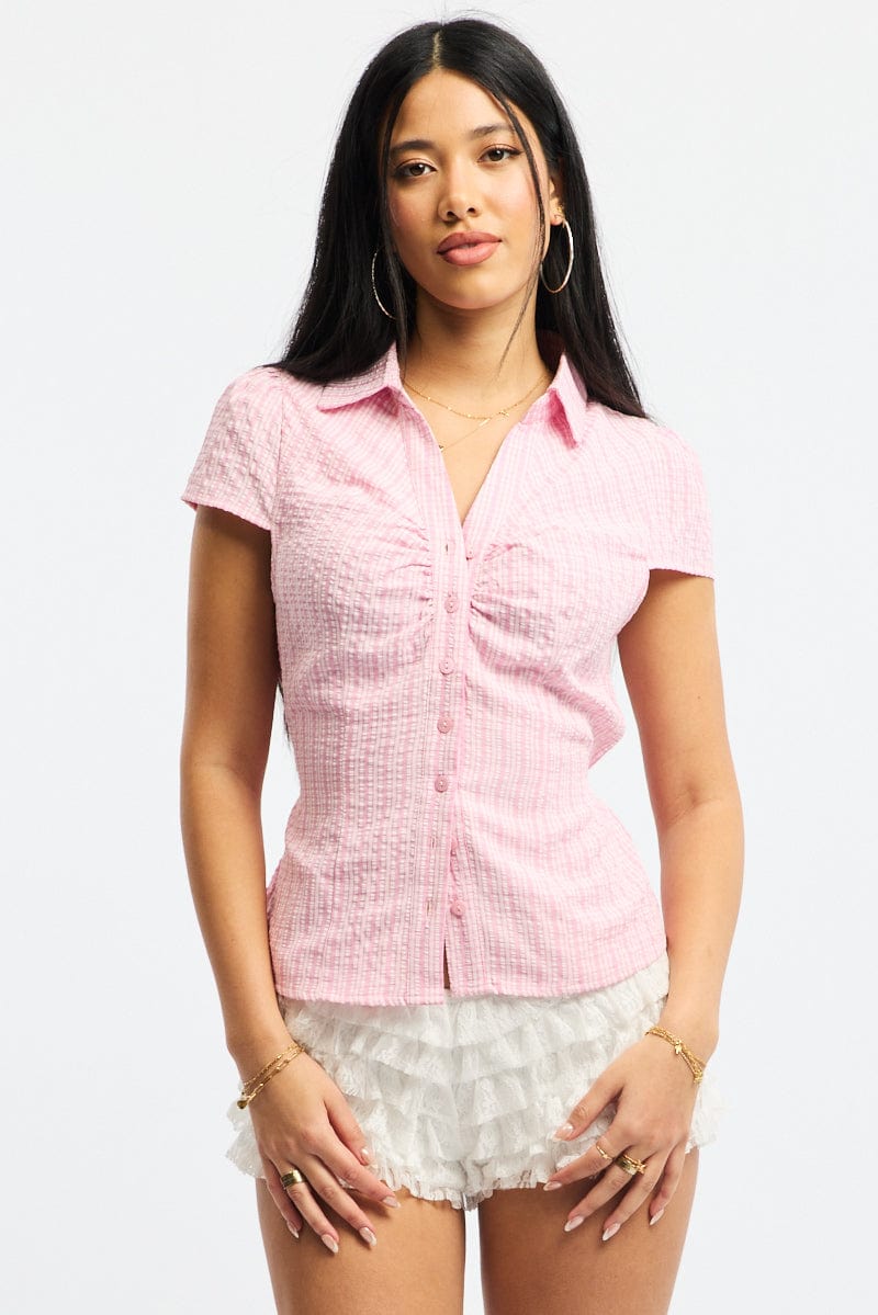 Pink Check Button Up Shirt Short Sleeve Collared Tie Back for Ally Fashion