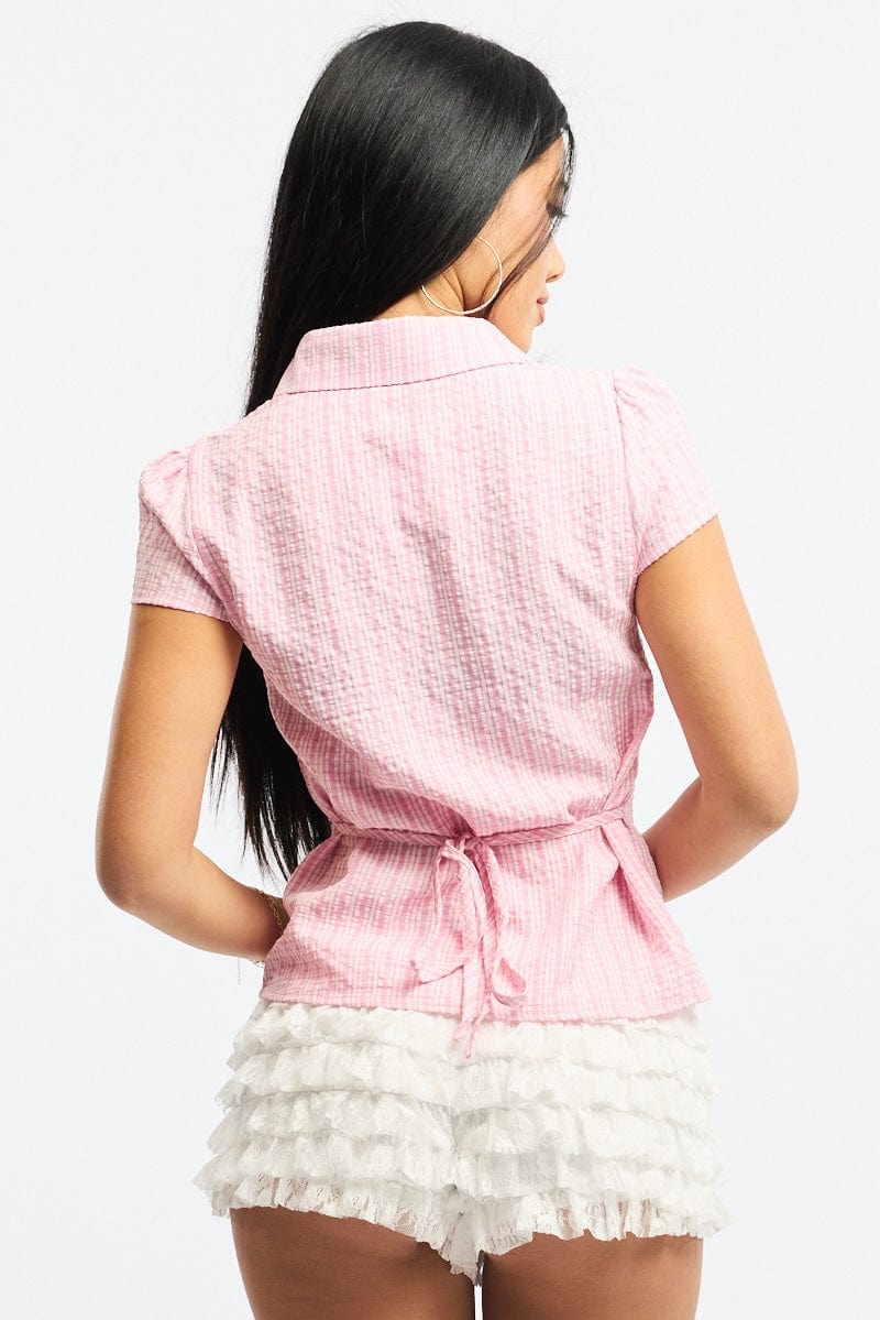 Pink Check Button Up Shirt Short Sleeve Collared Tie Back for Ally Fashion