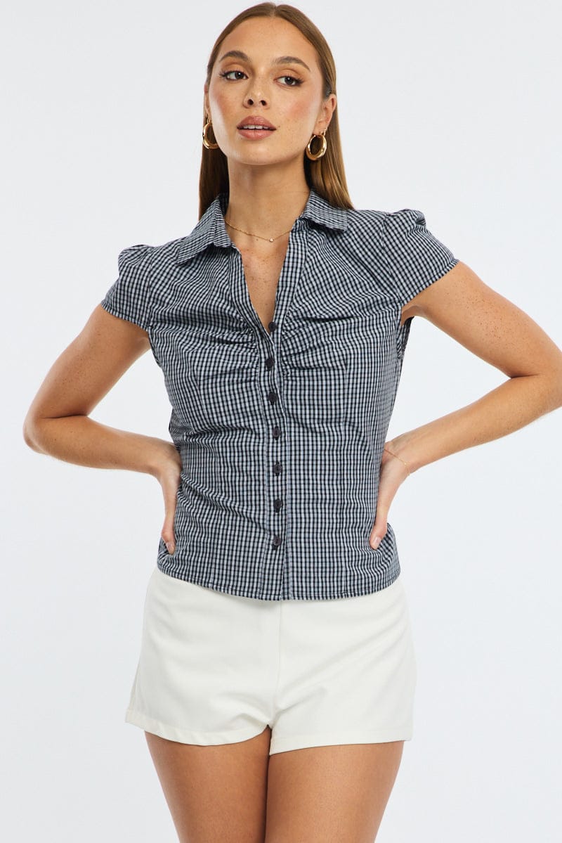 Black Check Button Up Shirt Short Sleeve Collared Tie Back for Ally Fashion
