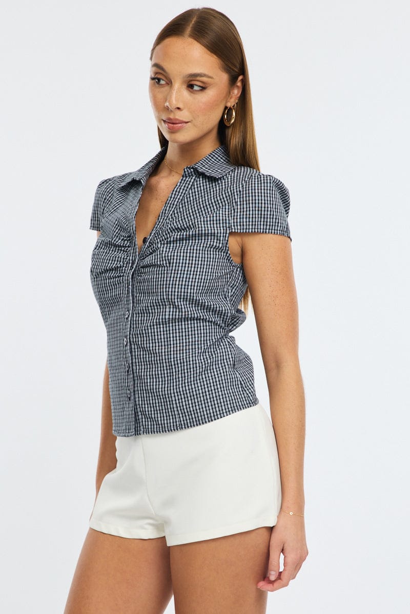 Black Check Button Up Shirt Short Sleeve Collared Tie Back for Ally Fashion