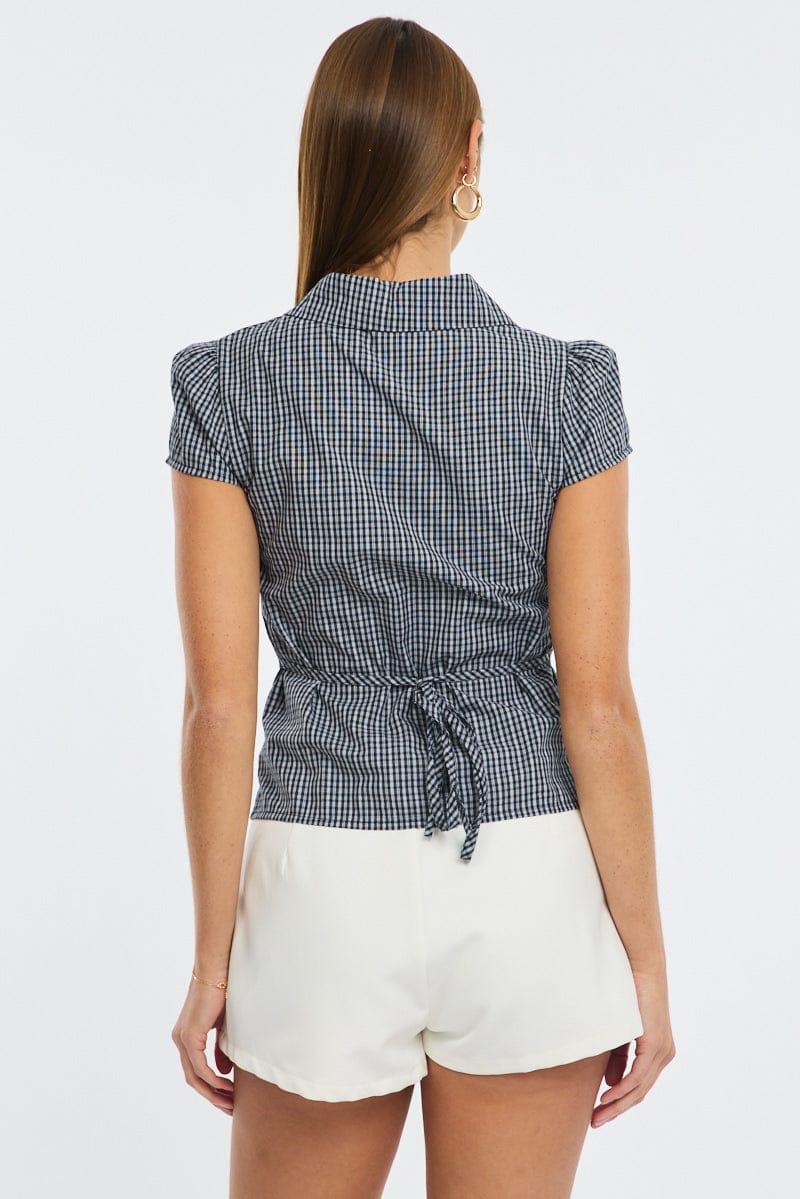 Black Check Button Up Shirt Short Sleeve Collared Tie Back for Ally Fashion