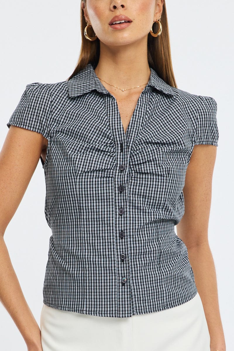 Black Check Button Up Shirt Short Sleeve Collared Tie Back for Ally Fashion