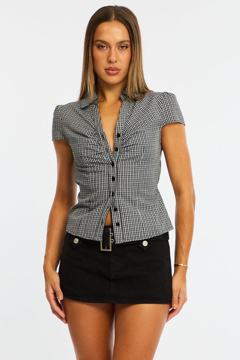 Black Check Button Up Shirt Short Sleeve Collared Tie Back for Ally Fashion