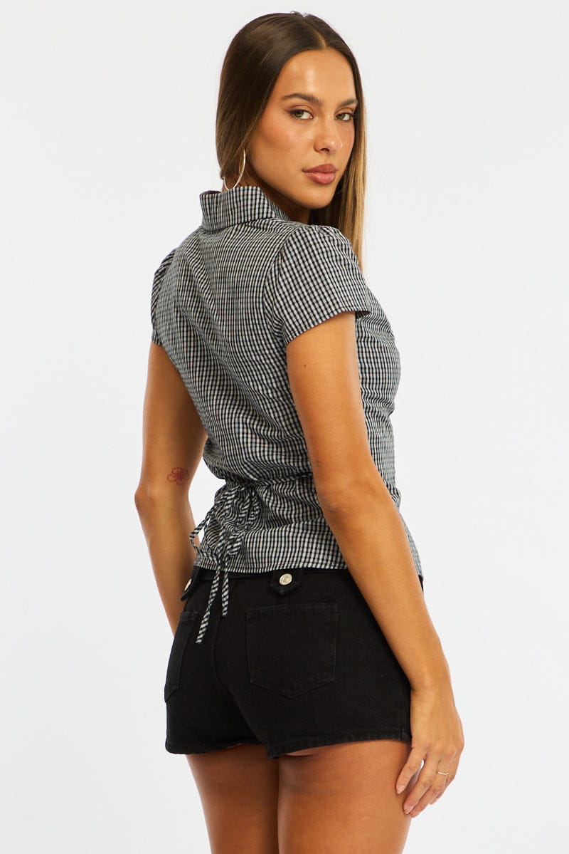 Black Check Button Up Shirt Short Sleeve Collared Tie Back for Ally Fashion