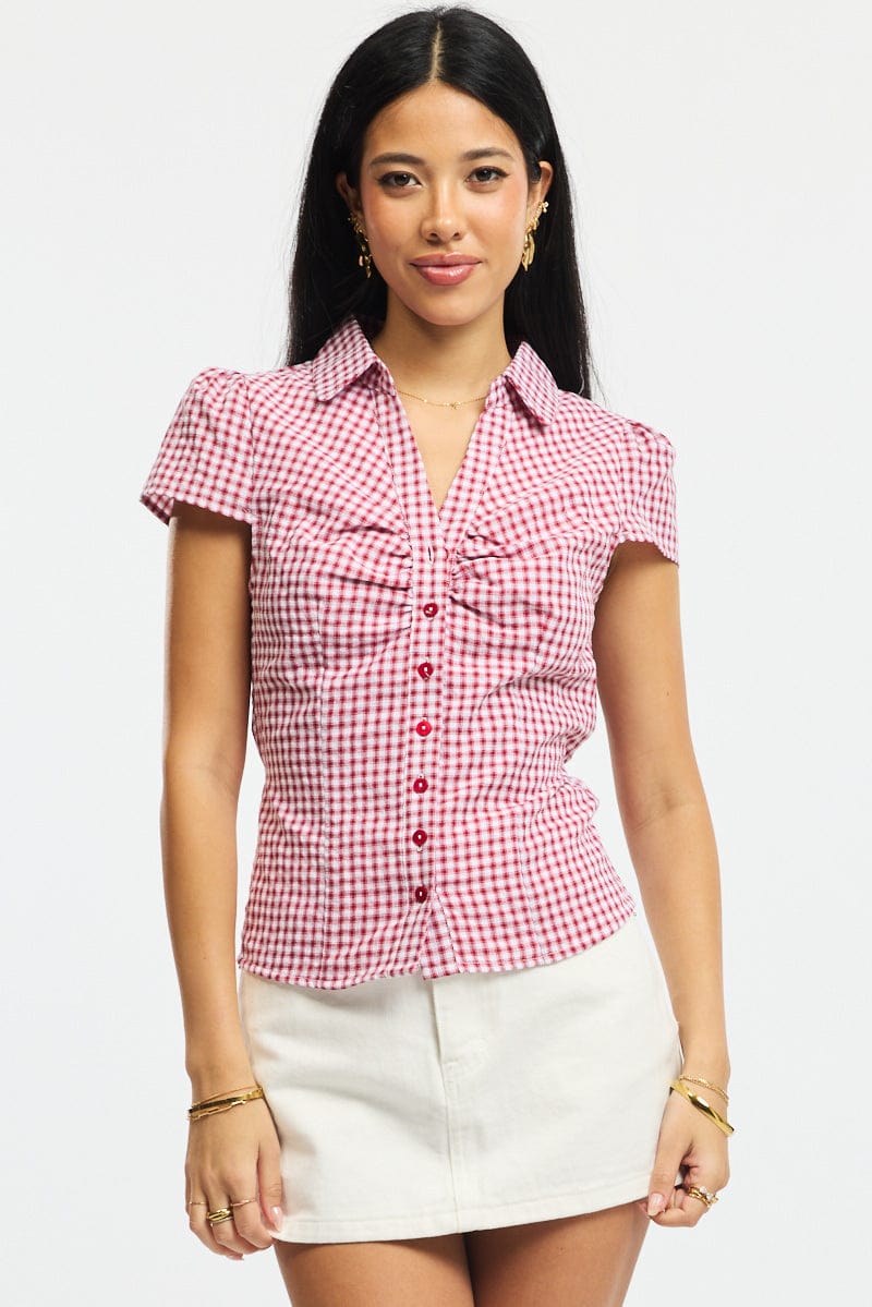 Red Check Button Up Shirt Short Sleeve Collared Tie Back for Ally Fashion
