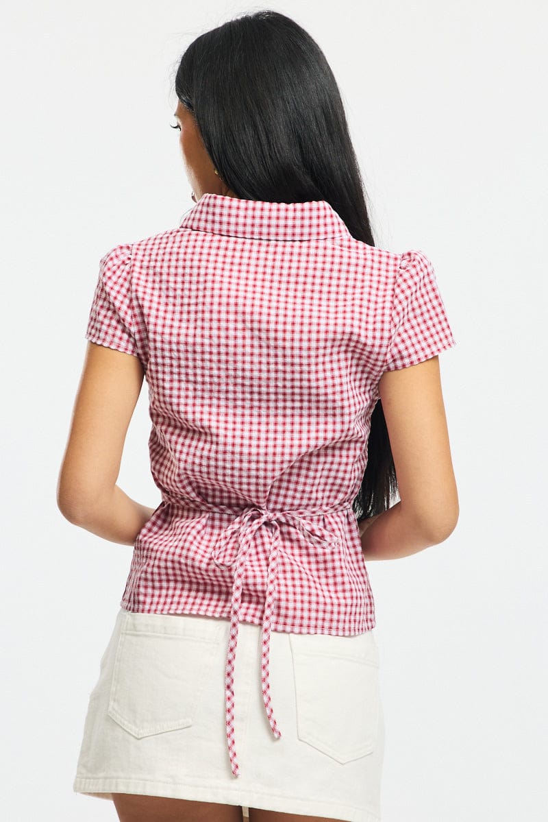 Red Check Button Up Shirt Short Sleeve Collared Tie Back for Ally Fashion