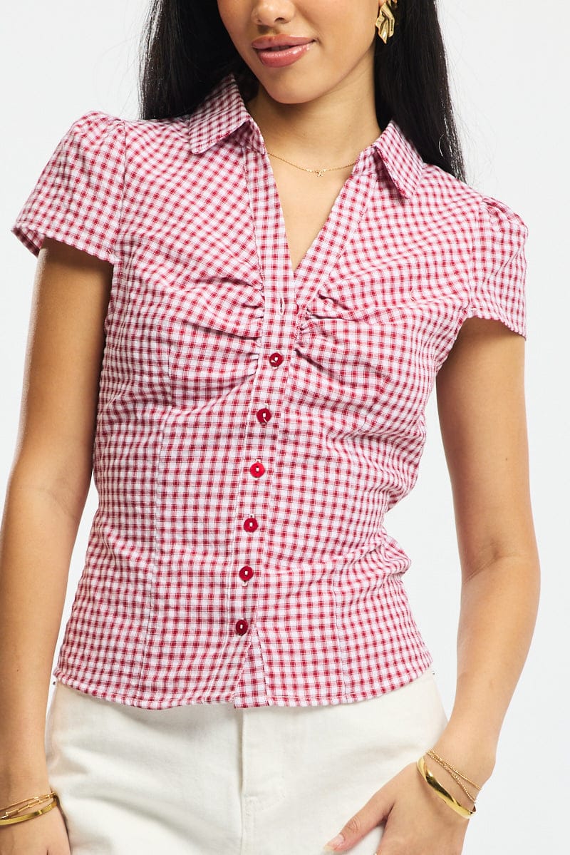 Red Check Button Up Shirt Short Sleeve Collared Tie Back for Ally Fashion