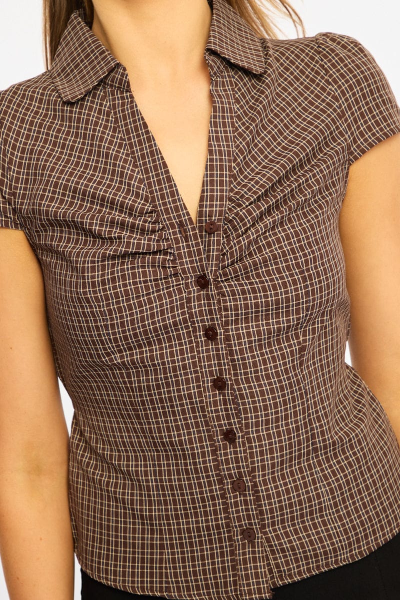 Brown Check Button Up Shirt Short Sleeve Collared Tie Back for Ally Fashion
