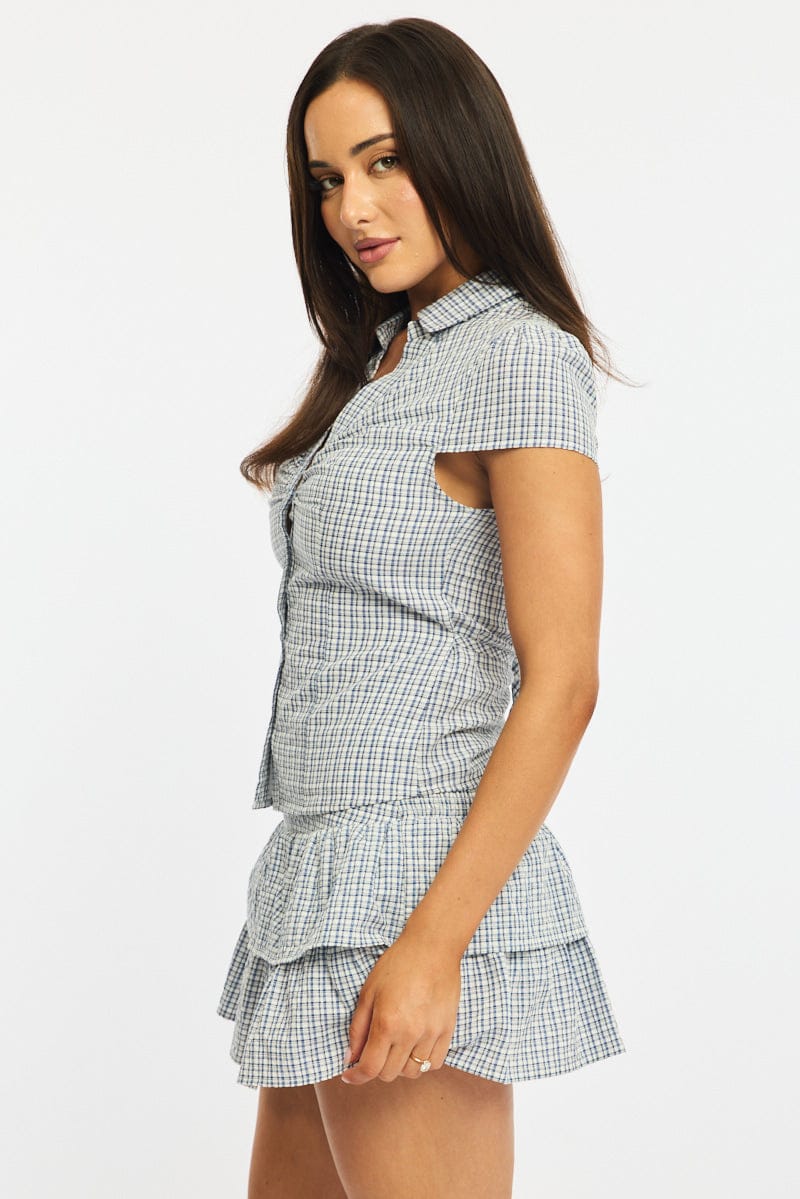 Blue Check Button Up Shirt Short Sleeve Collared Tie Back for Ally Fashion